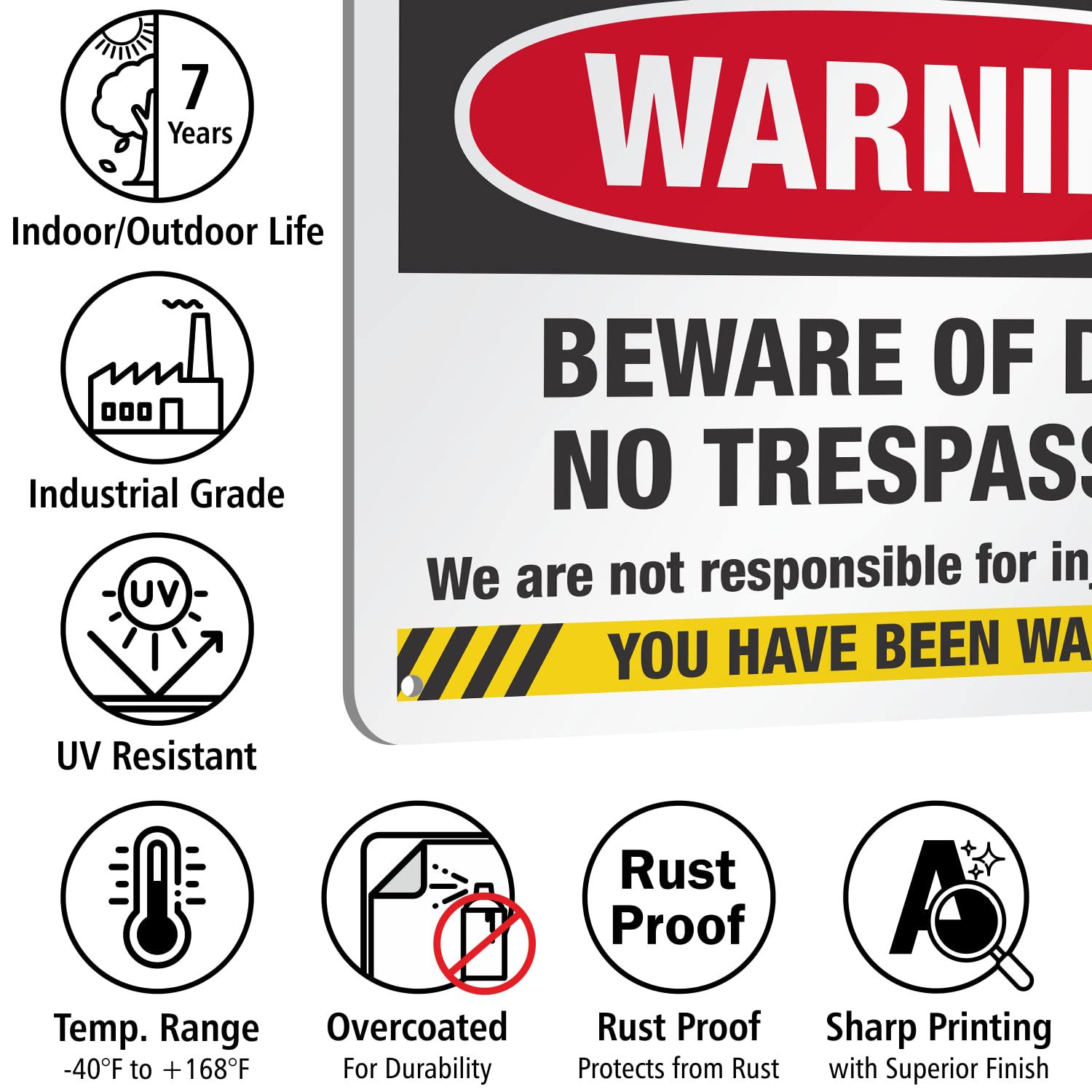 SmartSign (Pack of 4) 7 x 10 inch “Warning - Beware Of Dogs, No Trespassing, Not Responsible For Injury Or Death” Metal Sign, 40 mil Laminated Rustproof Aluminum, Red, Black,Yellow and White, USA-Made