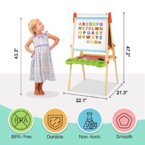 TOOKYLAND Wooden Easel for Kids - Adjustable Height Stand with Magnetic Whiteboard, Chalkboard, Paper Roll, Magnets, Drawing and Painting Accessories; Arts & Crafts Toy for 3 Year Old +