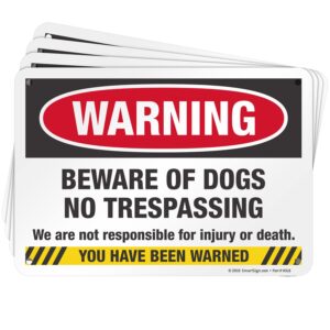 smartsign (pack of 4) 7 x 10 inch “warning - beware of dogs, no trespassing, not responsible for injury or death” metal sign, 40 mil laminated rustproof aluminum, red, black,yellow and white, usa-made