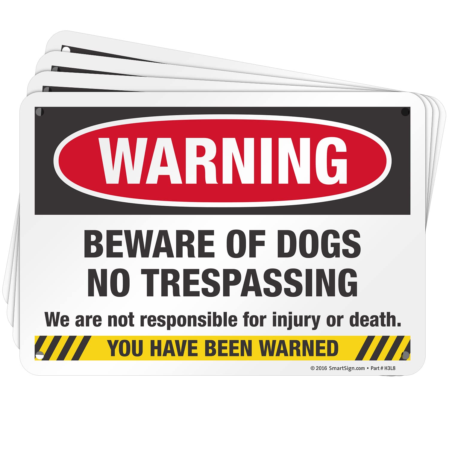 SmartSign (Pack of 4) 7 x 10 inch “Warning - Beware Of Dogs, No Trespassing, Not Responsible For Injury Or Death” Metal Sign, 40 mil Laminated Rustproof Aluminum, Red, Black,Yellow and White, USA-Made