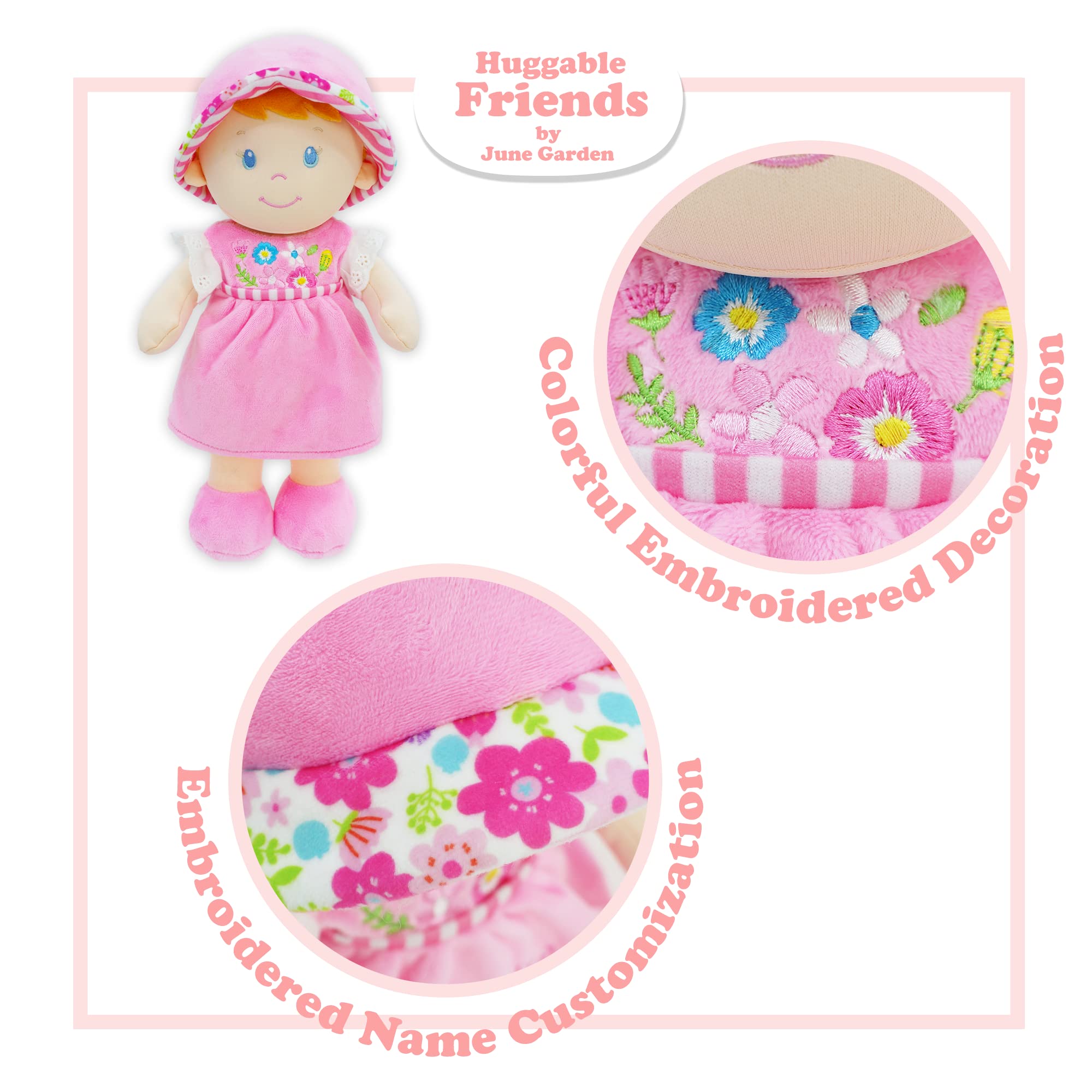 June Garden 12" Soft Dolly Emilia - Stuffed Soft Baby Doll Gift for 1 2 3 Year Old Girls - Pink Dress