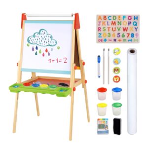 tookyland wooden easel for kids - adjustable height stand with magnetic whiteboard, chalkboard, paper roll, magnets, drawing and painting accessories; arts & crafts toy for 3 year old +