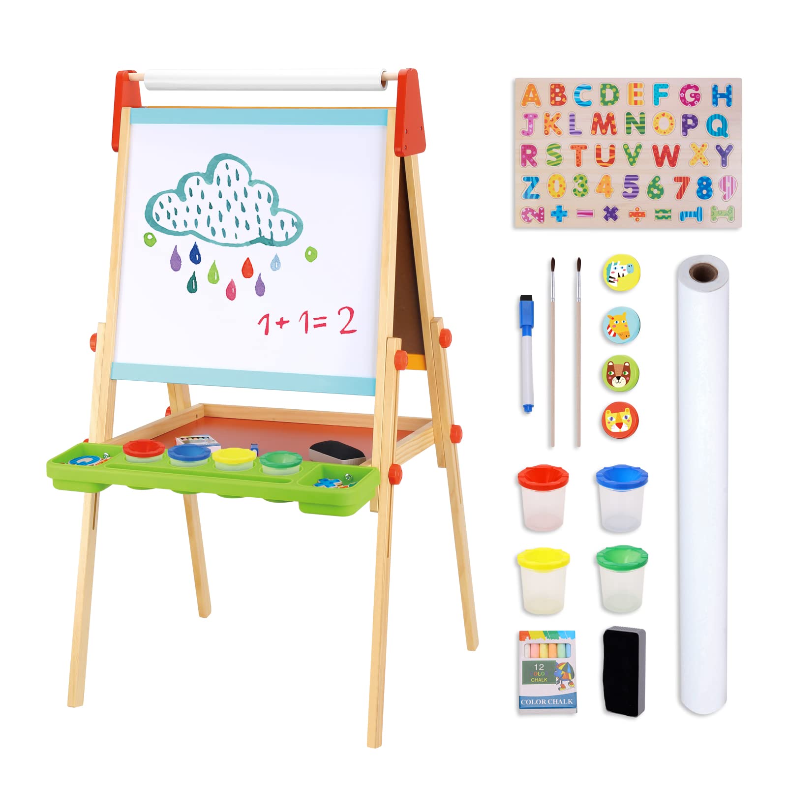 TOOKYLAND Wooden Easel for Kids - Adjustable Height Stand with Magnetic Whiteboard, Chalkboard, Paper Roll, Magnets, Drawing and Painting Accessories; Arts & Crafts Toy for 3 Year Old +