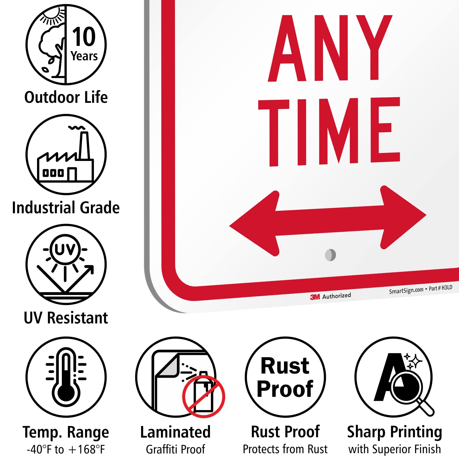 SmartSign 18 x 12 inch “No Parking - Any Time” Metal Sign with Bidirectional Arrow, 63 mil Aluminum, 3M Laminated Engineer Grade Reflective Material, Red and White, Made in USA