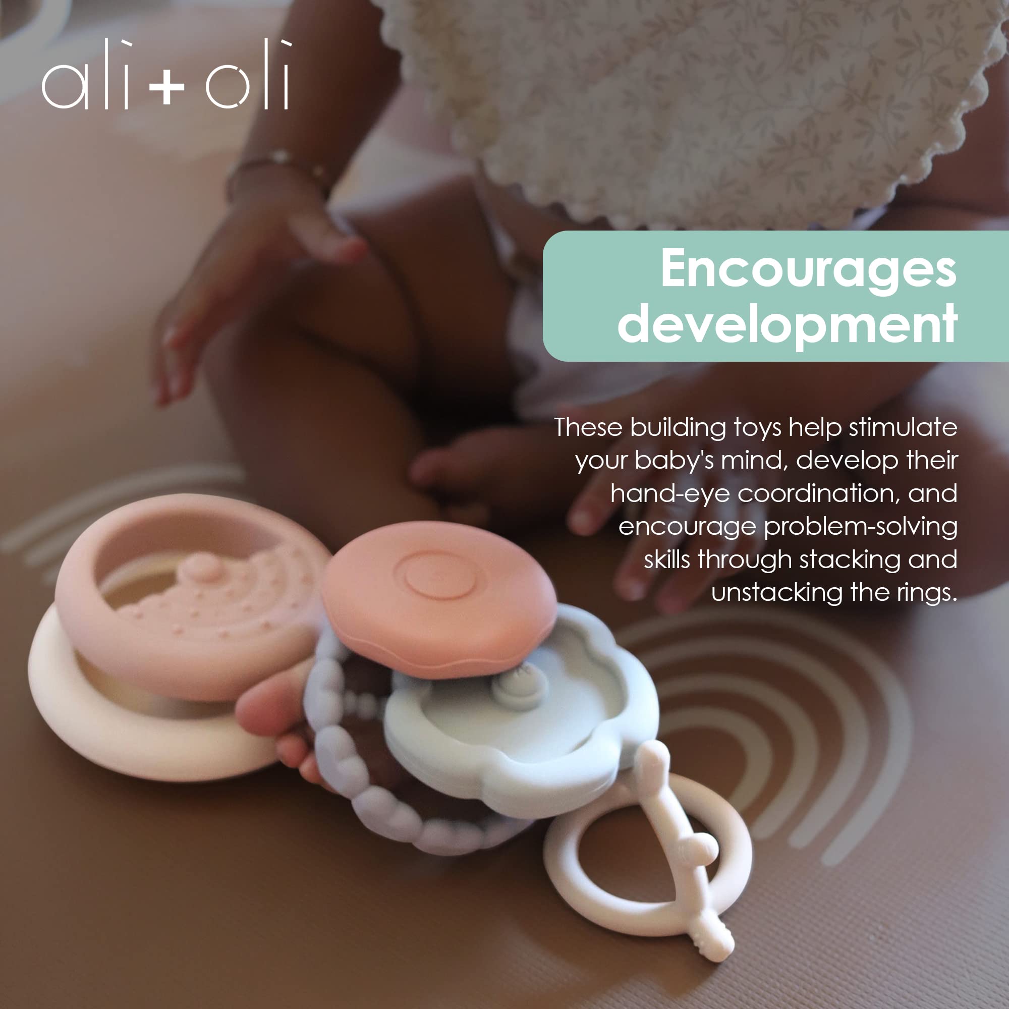 Ali+Oli Stacking Rings Baby Toy (Sun) - Infant Toys, Stacking & Building Toys, Toddler Learning Toys, Montessori Toys for Baby, Food-Grade Silicone Toys for Babies