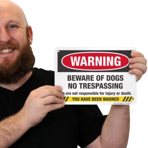 SmartSign (Pack of 4) 7 x 10 inch “Warning - Beware Of Dogs, No Trespassing, Not Responsible For Injury Or Death” Metal Sign, 40 mil Laminated Rustproof Aluminum, Red, Black,Yellow and White, USA-Made