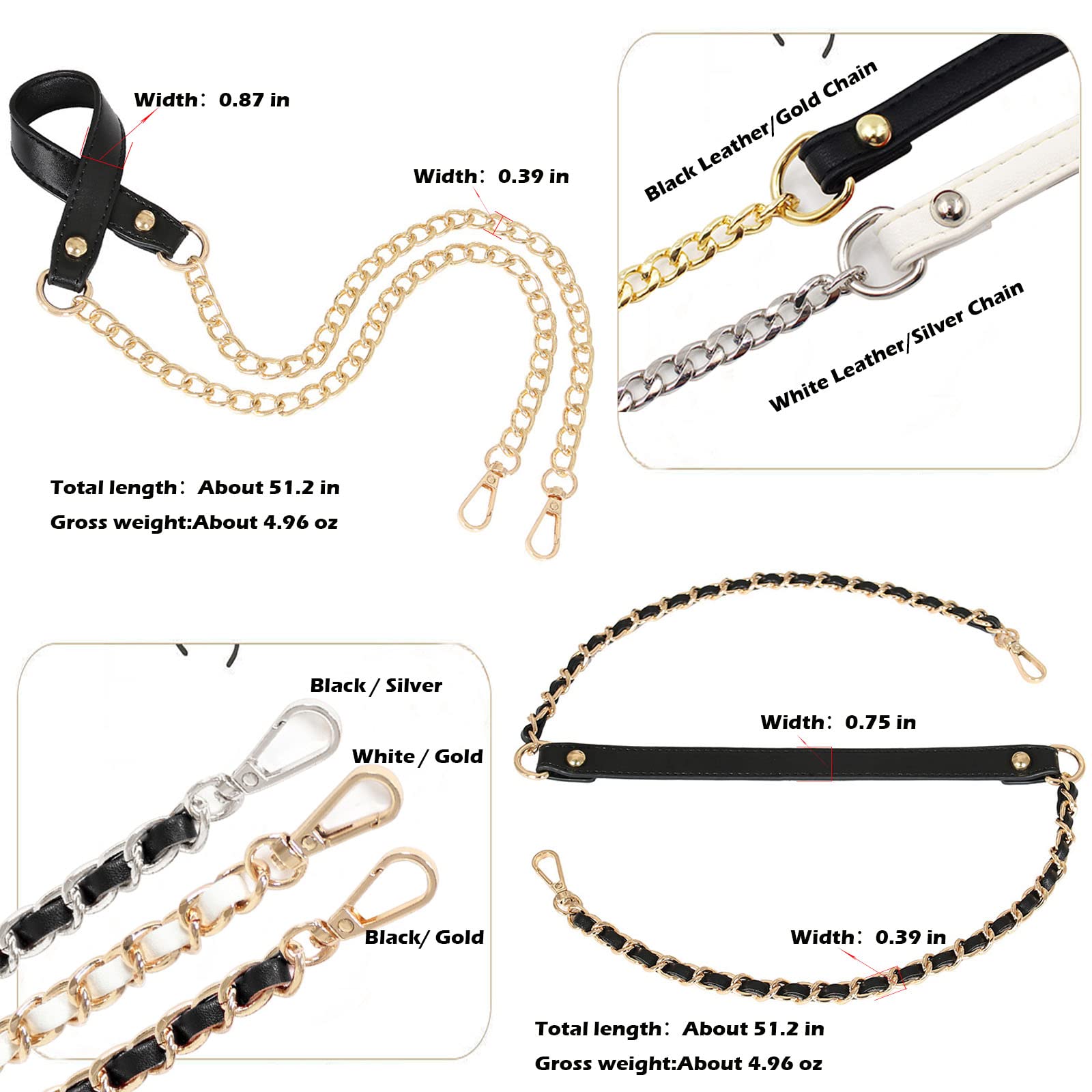 Maikaisen Wallet Chain Replacement for Shoulder Bags and Crossbody Bags, Microfiber Leather Combined with Durable Iron Chain, 51" Long Black (Black/Gold)