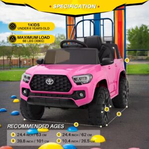 Blitzshark 12V Kids Ride on Car Licensed Toyota Tacoma Battery Powered Motorized Electric Vehicle, with Remote Control, Digital Display, Spring Suspension, Storage Space, Music &FM, Pink