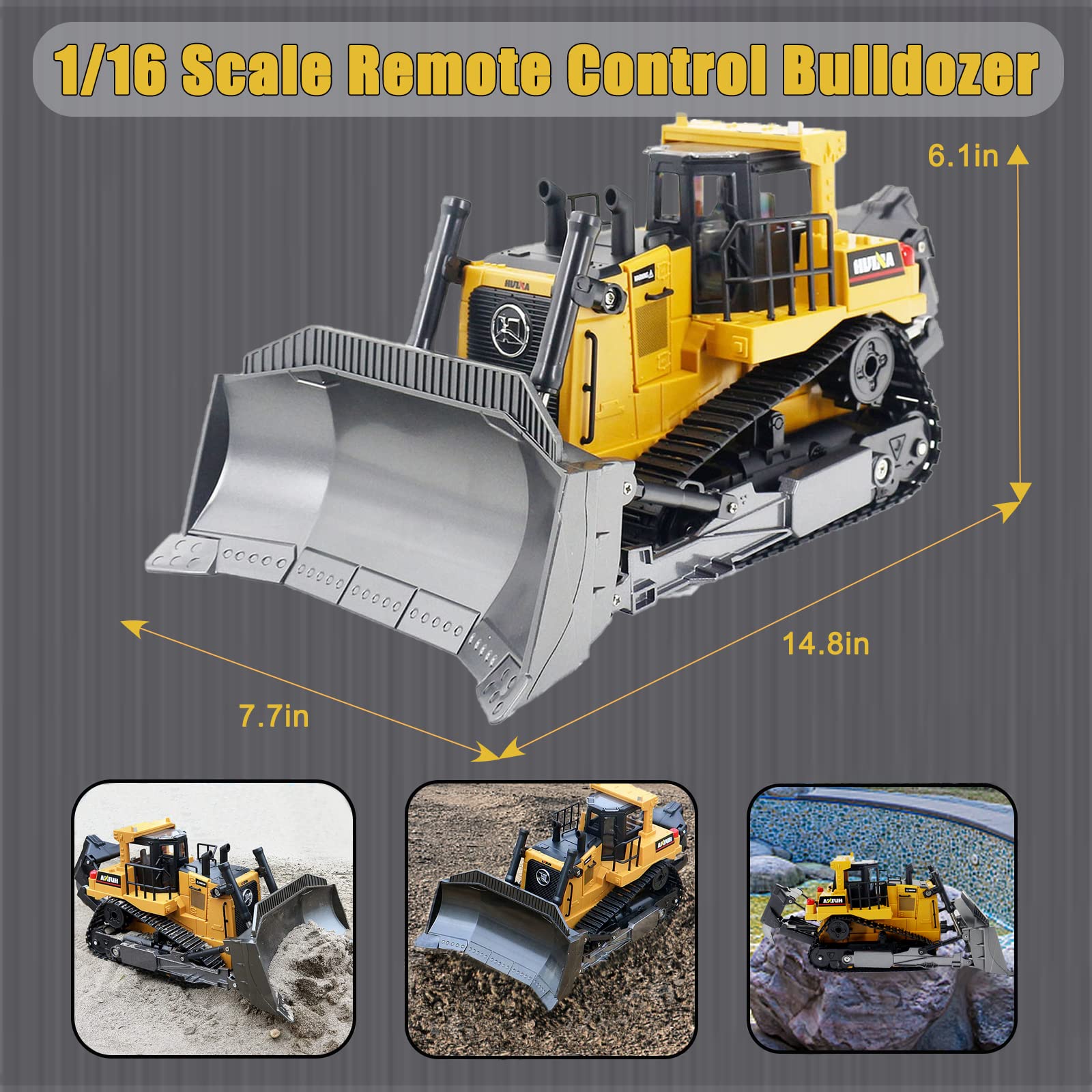 bnam Remote Control Bulldozer RC 1/16 Full Functional Construction Vehicle, 2.4Ghz 9 Channel Dozer Front Loader Toy with Light and Sound for Kids Age 6, 7, 8, 9, 10 and Up Years Old