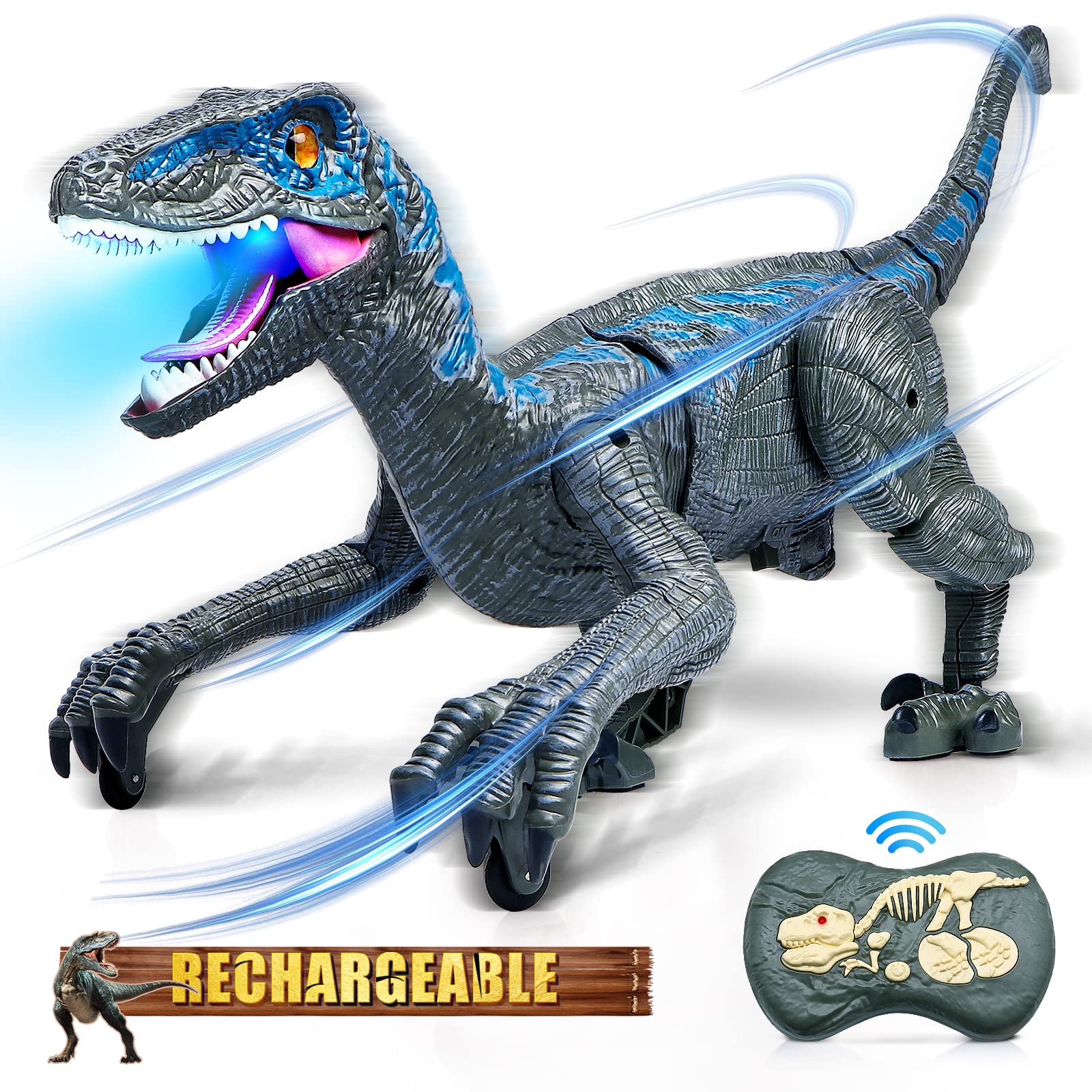 Hot Bee Remote Control Dinosaurs for Boys Age 4-7 8-12, Dionsaur Blue from Dinosaur World - Multifunction RC Robot Dinosaur Toys w/ 3D Eye ED Light, Roaring & Shaking Head, Tail Wagging