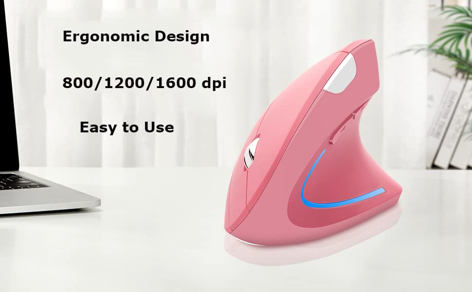 Wireless Mouse Ergonomic Vertical Mouse Ergo High Presion Optical Lightweight Cordless LED Light Cute Wireless Mouse for Laptop Computer Mac Office Girl Boy Adults Gift , 800/1200/1600 DPI, 6 Buttons