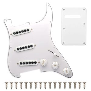 saphue prewired st pickguard sss 3 single coil pickups adjustable big screws loaded electric guitar pickguard for fender strandard straocaster guitar parts (white)