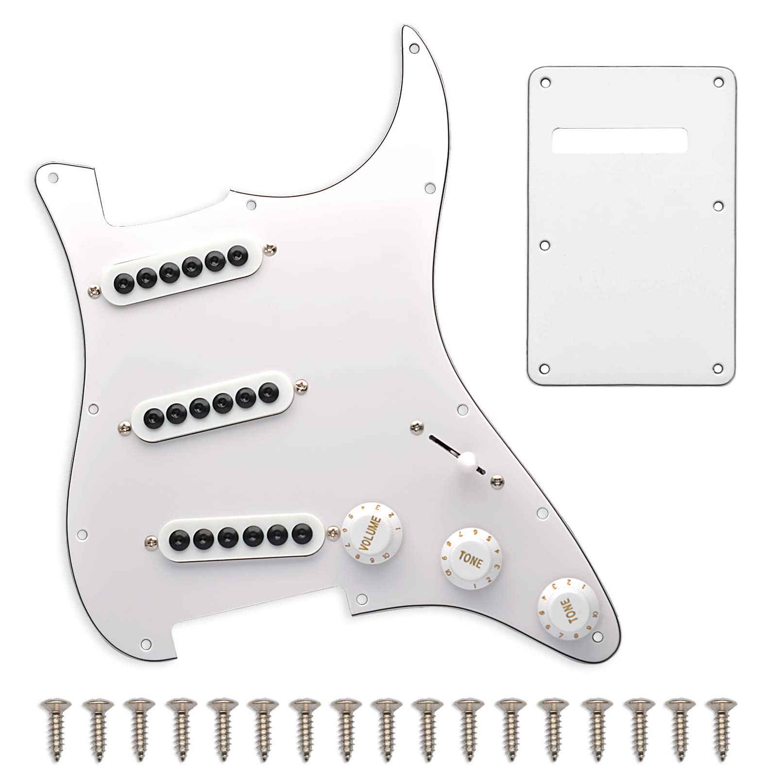 SAPHUE Prewired ST Pickguard SSS 3 Single Coil Pickups Adjustable Big Screws Loaded Electric Guitar Pickguard for Fender Strandard Straocaster Guitar Parts (White)