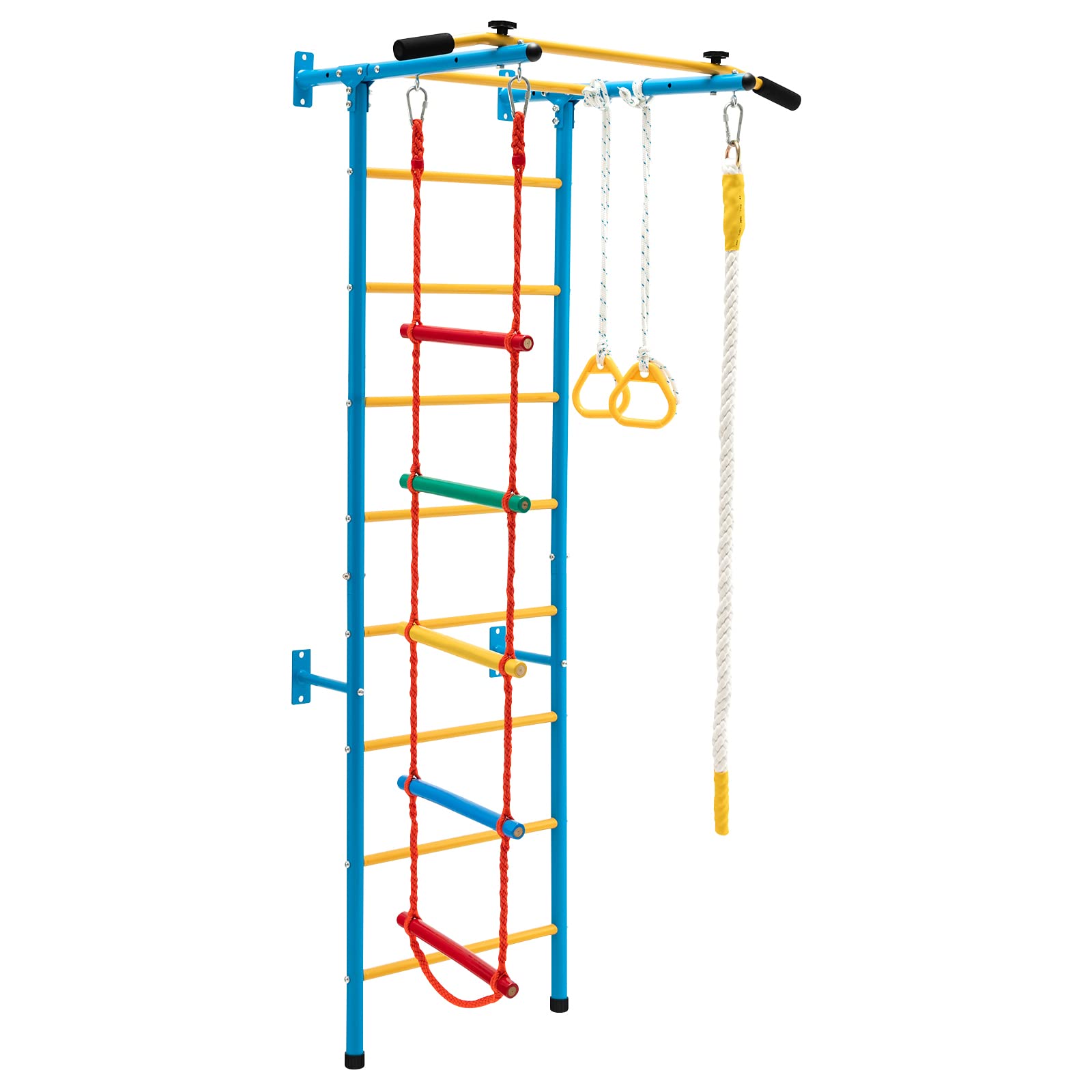 Costzon 5 in 1 Climbing Toys for Toddlers, Indoor Kids Gym for Exercise, Steel Ladder Wall Set with Wall Ladder, Pull-up Bar, Climbing Rope and Gymnastic Rings, Climber Ladder Toys Boys Girls Gift