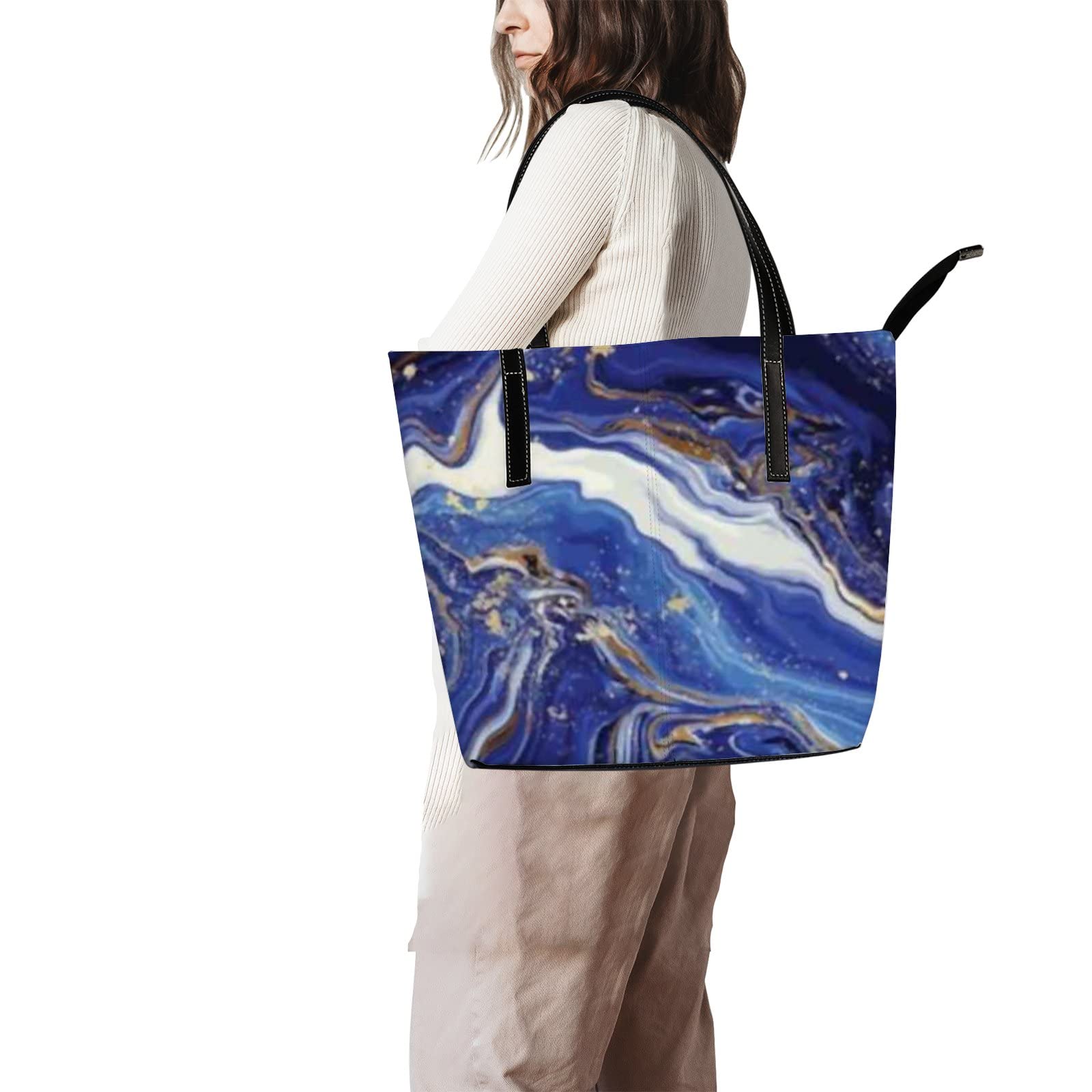 Shoulder Bag Tote Bags for Women Blue Marble and Gold Leather Shopper Work Handbags Large Casual Bag