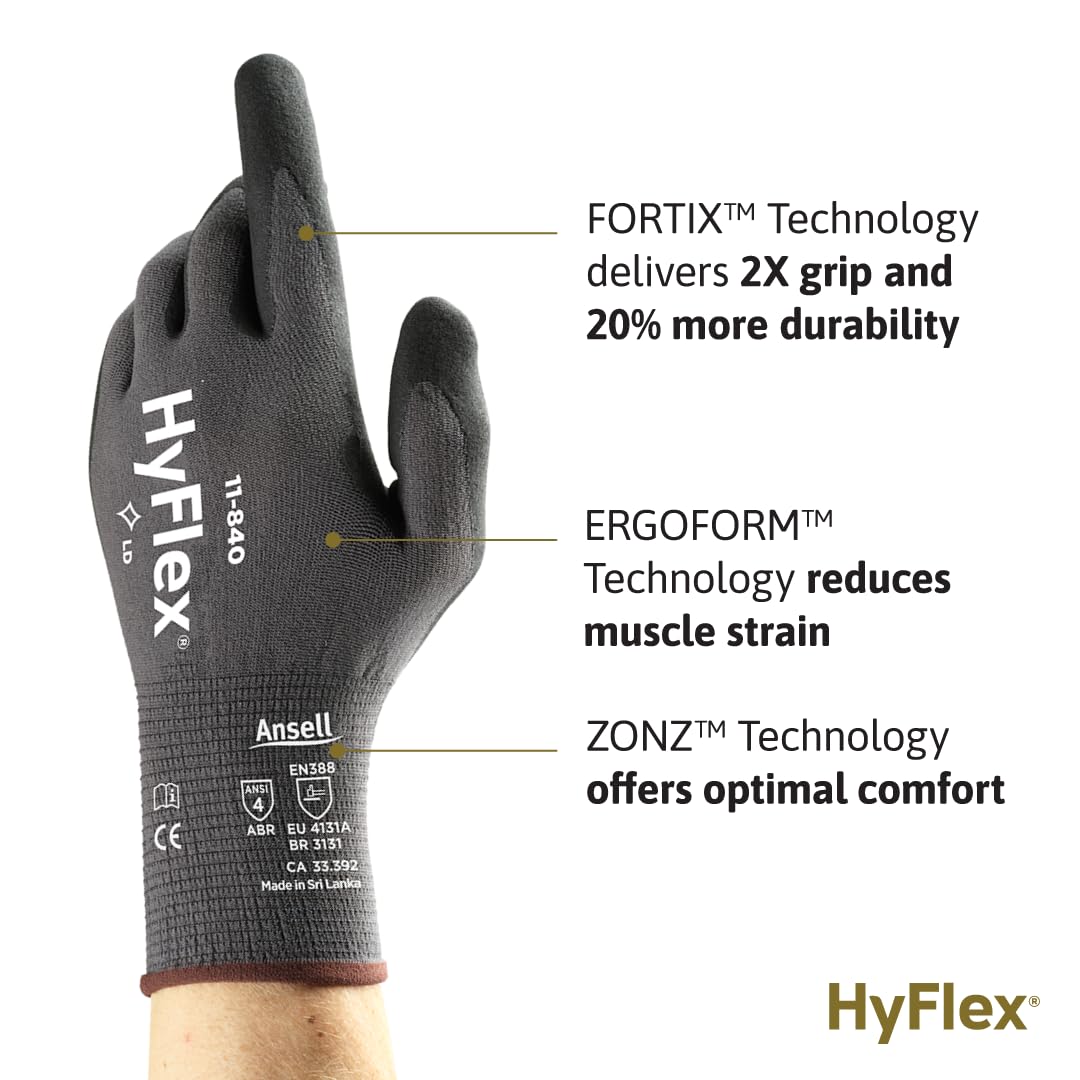 Ansell HyFlex 11-840 Ergonomic Abrasion-Resistant Nylon Spandex Nitrile Coated Industrial Gloves for Automotive, Fabrication - XS (6) Grey (144 Pairs)