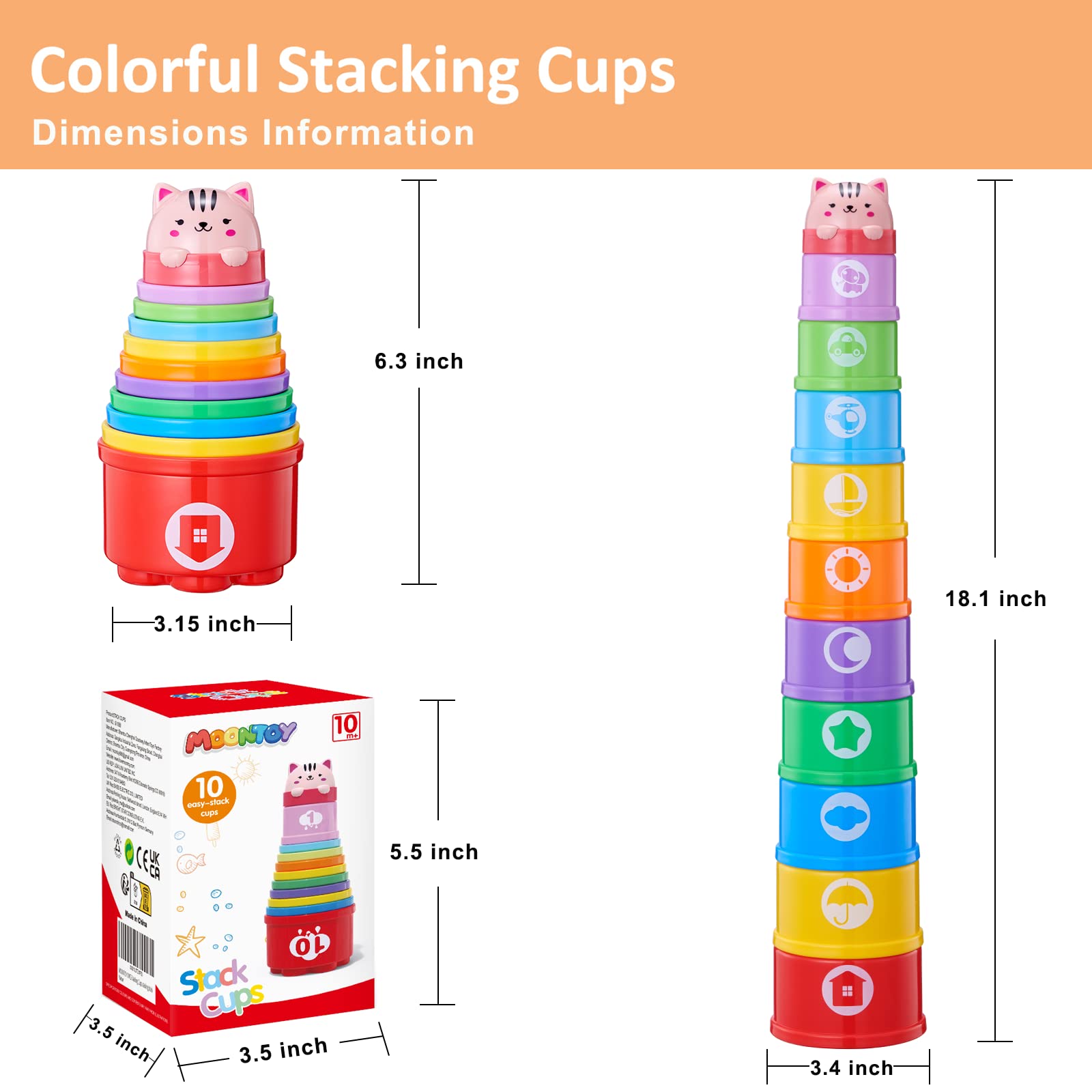 MOONTOY Stacking Cups Baby Toys 6 10 12 18 Months, Montessori Toys for 1 Year Old Toddler Learning Toys with Numbers Shapes Patterns, Baby Bath Toys 6-12 Months, Gifts for 1 2 3 Year Old Boys Girls