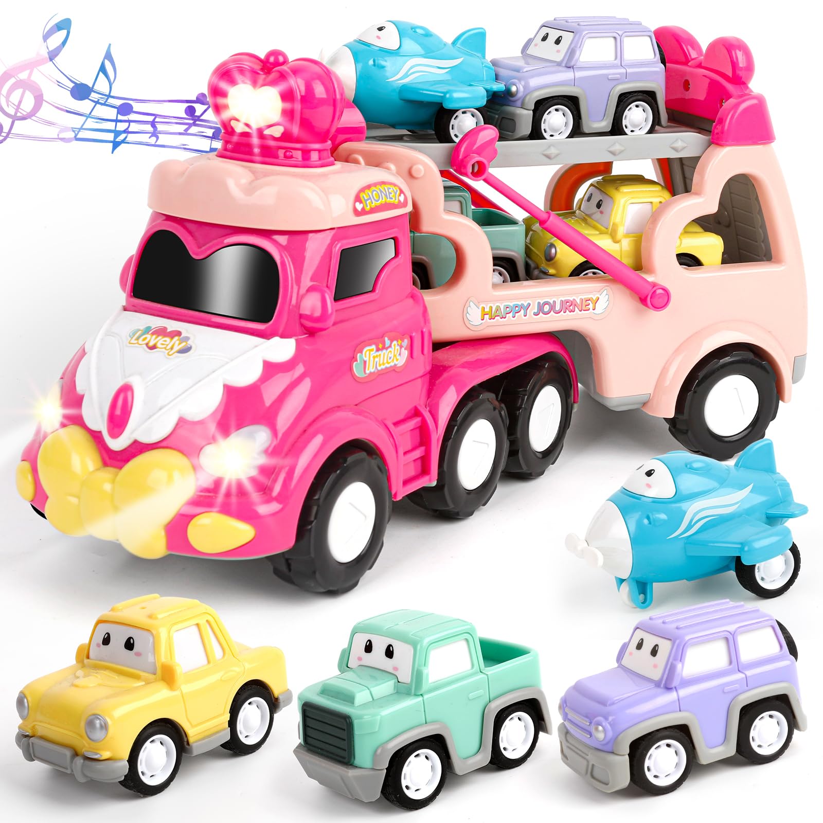 FindGood Toys for 1 2 3 Year Old Girl Pink Truck, 5-in-1 Carrier Truck Toys for Toddler Girl, Princess Toy Cars with Light & Sound, Birthday Gifts for 1 2 3 Year Old Girls