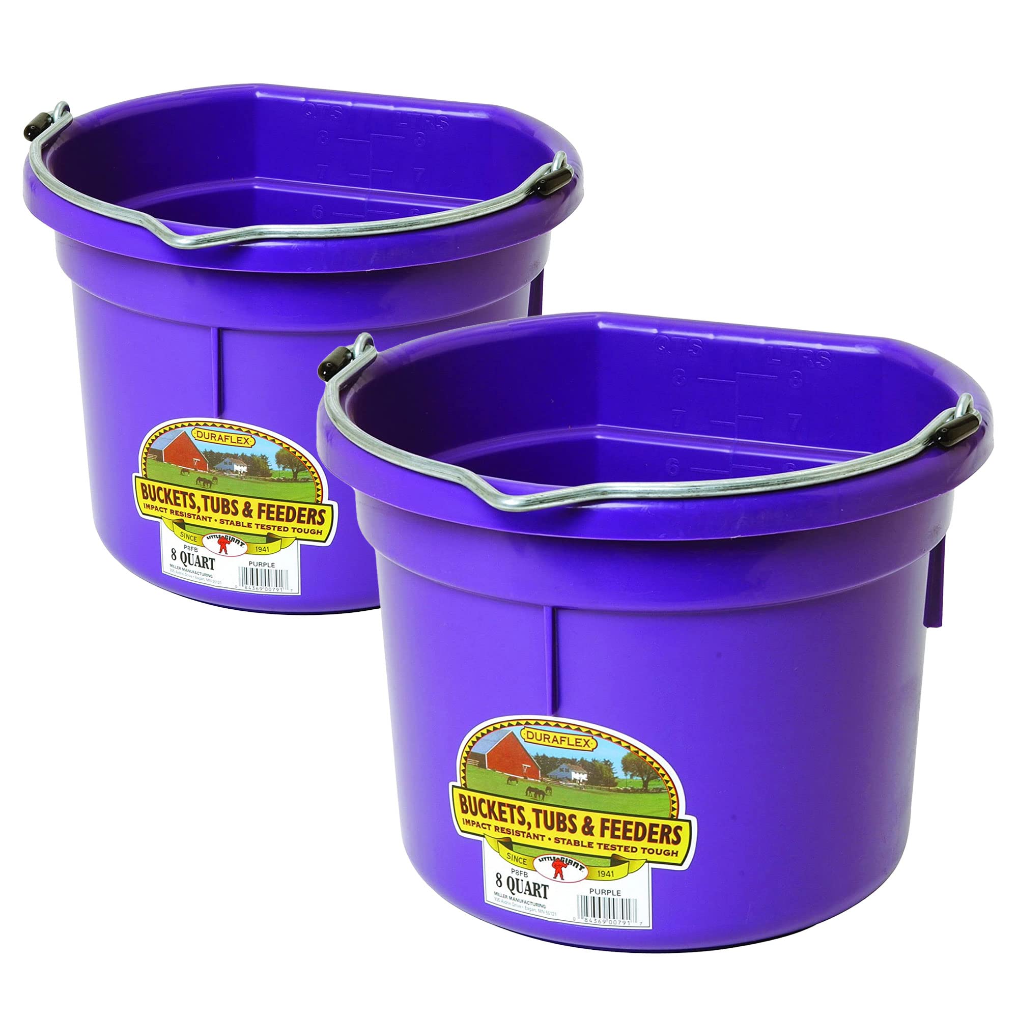 Little Giant P8FBPURPLE 2 Gallon All Purpose Heavy Duty Farm Flat Back Plastic Buckets for Supplies, Toys, Laundry, and Water, Purple, (2 Pack)