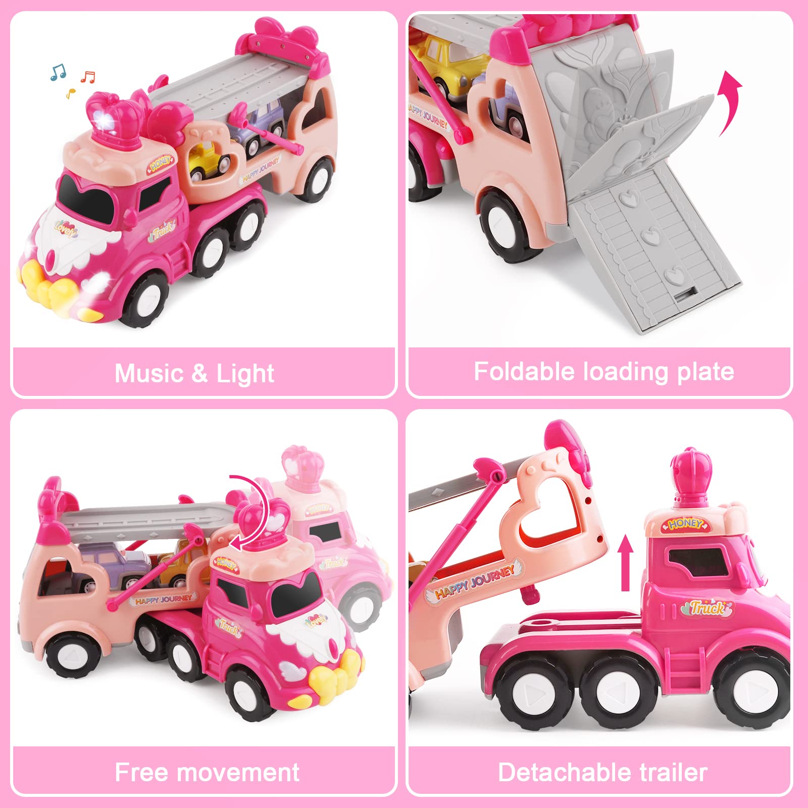 FindGood Toys for 1 2 3 Year Old Girl Pink Truck, 5-in-1 Carrier Truck Toys for Toddler Girl, Princess Toy Cars with Light & Sound, Birthday Gifts for 1 2 3 Year Old Girls