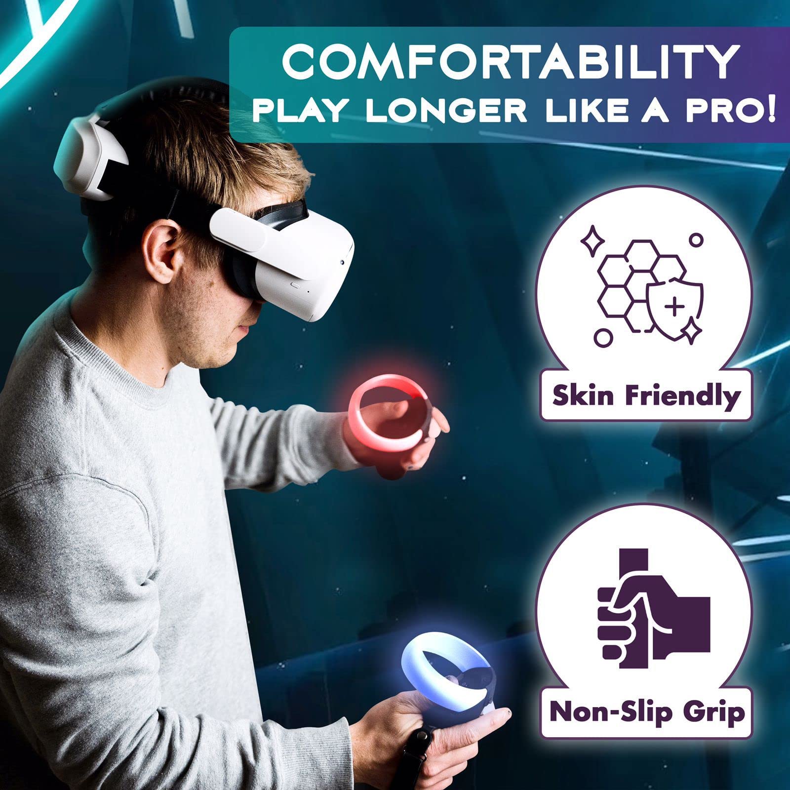 VirtualBuff Controller Grips Compatible with Oculus Quest 2, Extended Handle for Larger Hands, Easy Battery Replacement, VR Accessories with Silicone Cover and Leather Adjustable Hand Knuckle Straps