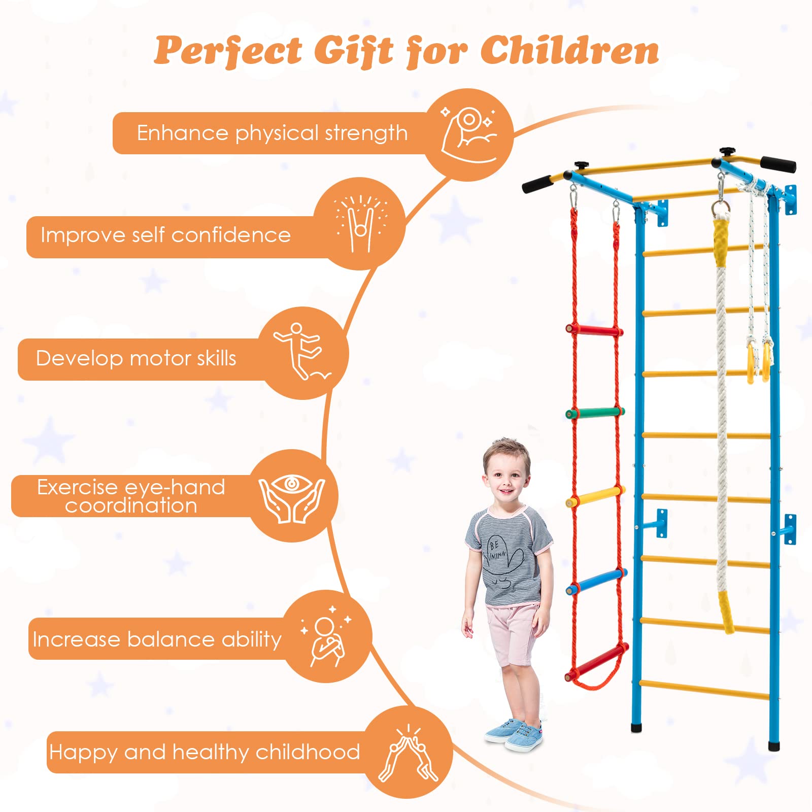 Costzon 5 in 1 Climbing Toys for Toddlers, Indoor Kids Gym for Exercise, Steel Ladder Wall Set with Wall Ladder, Pull-up Bar, Climbing Rope and Gymnastic Rings, Climber Ladder Toys Boys Girls Gift