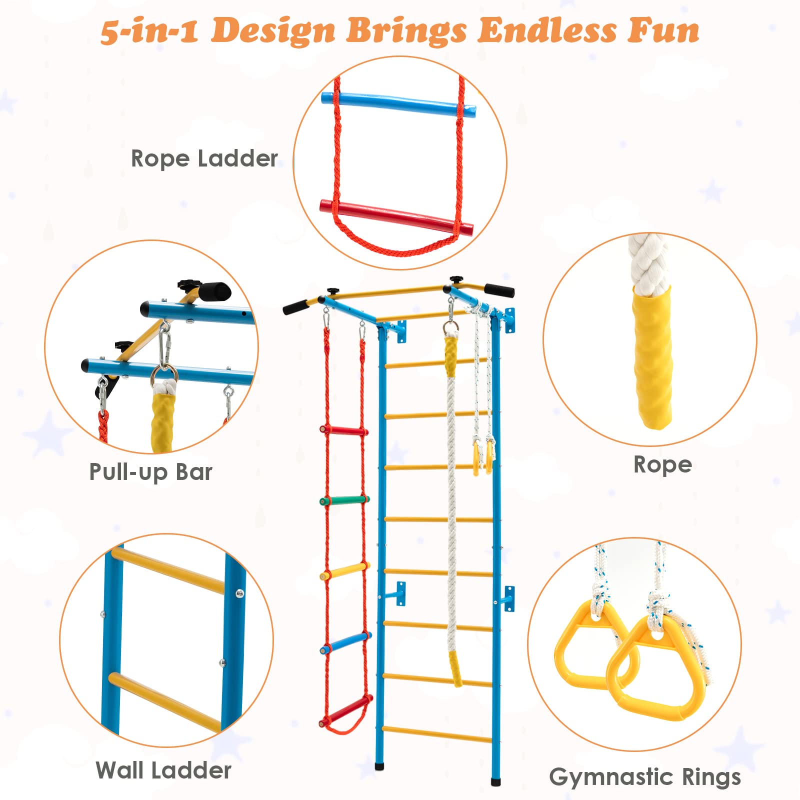 Costzon 5 in 1 Climbing Toys for Toddlers, Indoor Kids Gym for Exercise, Steel Ladder Wall Set with Wall Ladder, Pull-up Bar, Climbing Rope and Gymnastic Rings, Climber Ladder Toys Boys Girls Gift