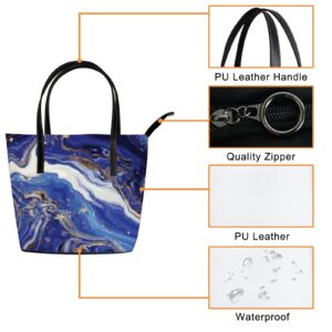 Shoulder Bag Tote Bags for Women Blue Marble and Gold Leather Shopper Work Handbags Large Casual Bag