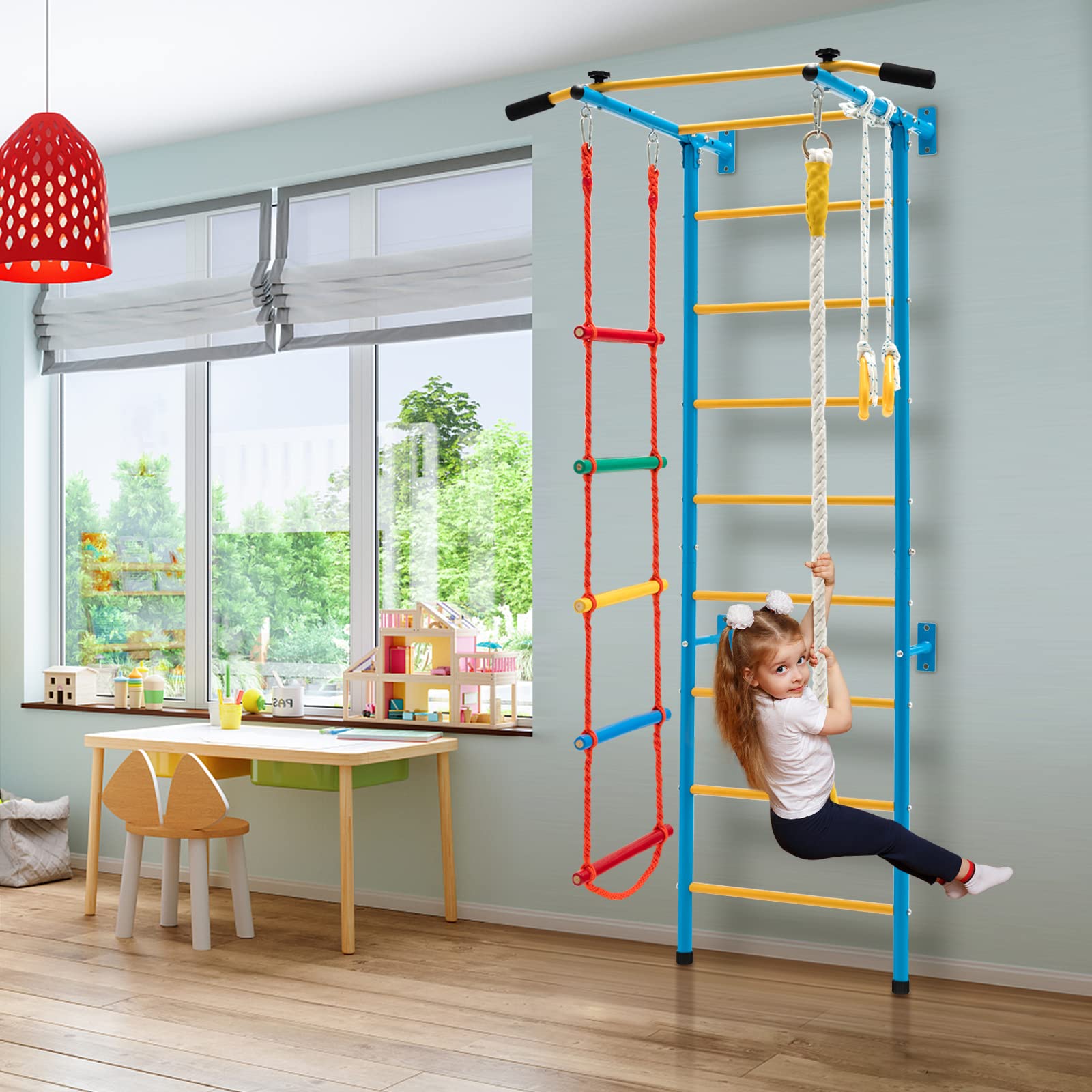 Costzon 5 in 1 Climbing Toys for Toddlers, Indoor Kids Gym for Exercise, Steel Ladder Wall Set with Wall Ladder, Pull-up Bar, Climbing Rope and Gymnastic Rings, Climber Ladder Toys Boys Girls Gift