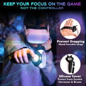 VirtualBuff Controller Grips Compatible with Oculus Quest 2, Extended Handle for Larger Hands, Easy Battery Replacement, VR Accessories with Silicone Cover and Leather Adjustable Hand Knuckle Straps