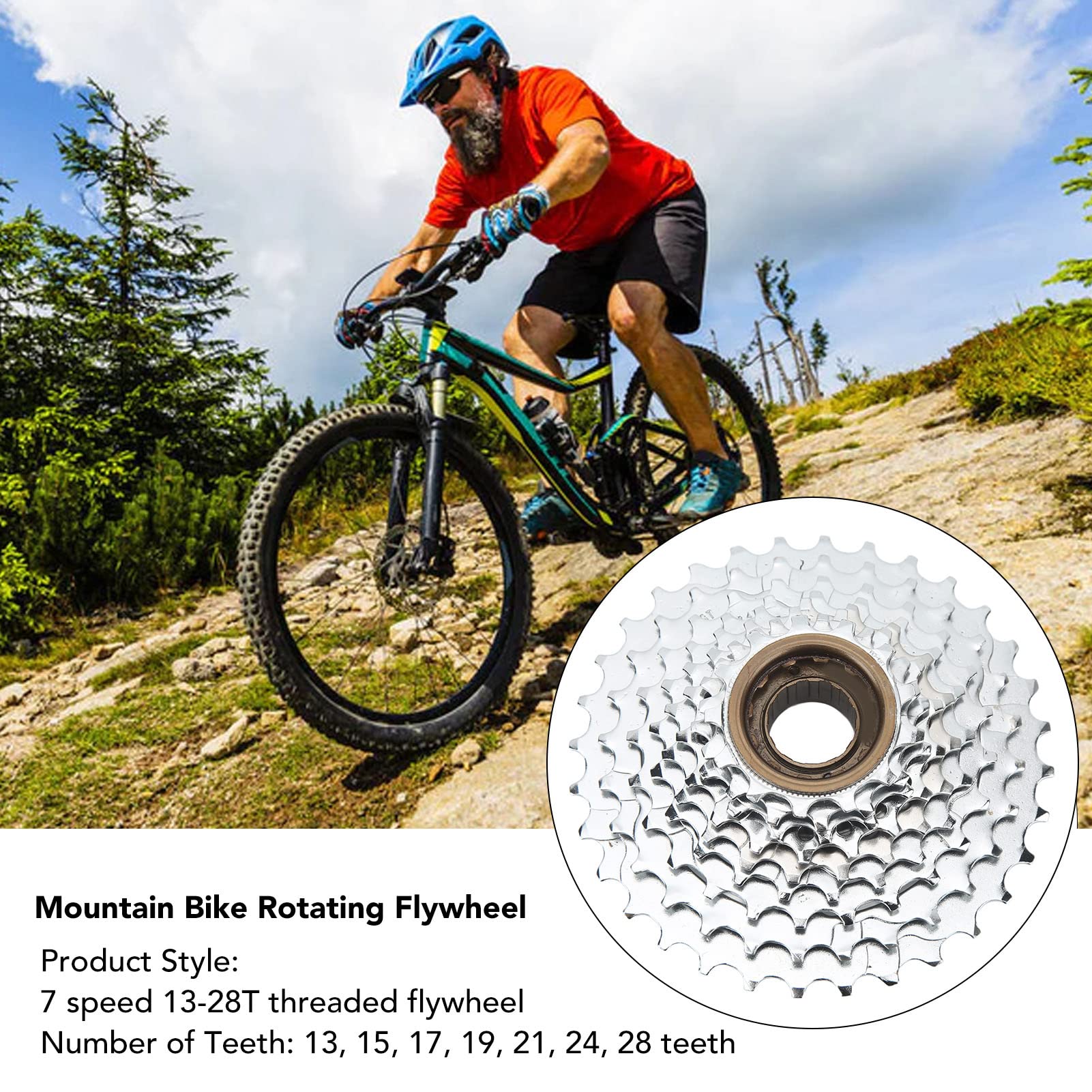 Alomejor 7 Speed Cassette,13T to 28T Freewheel Bike Freehub Freewheel Silver Steel Bike Rotating Flywheel for Mountain Bikes