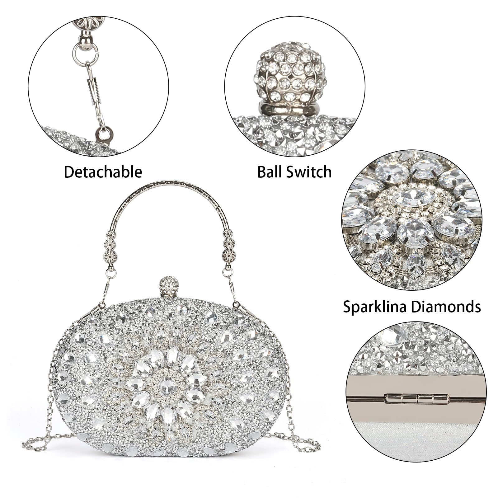 fannos Rhinestone Evening Clutch Purses for Women, Party Crystal Purses Diamond Handbag Weddings Formal Bag (A Silver)