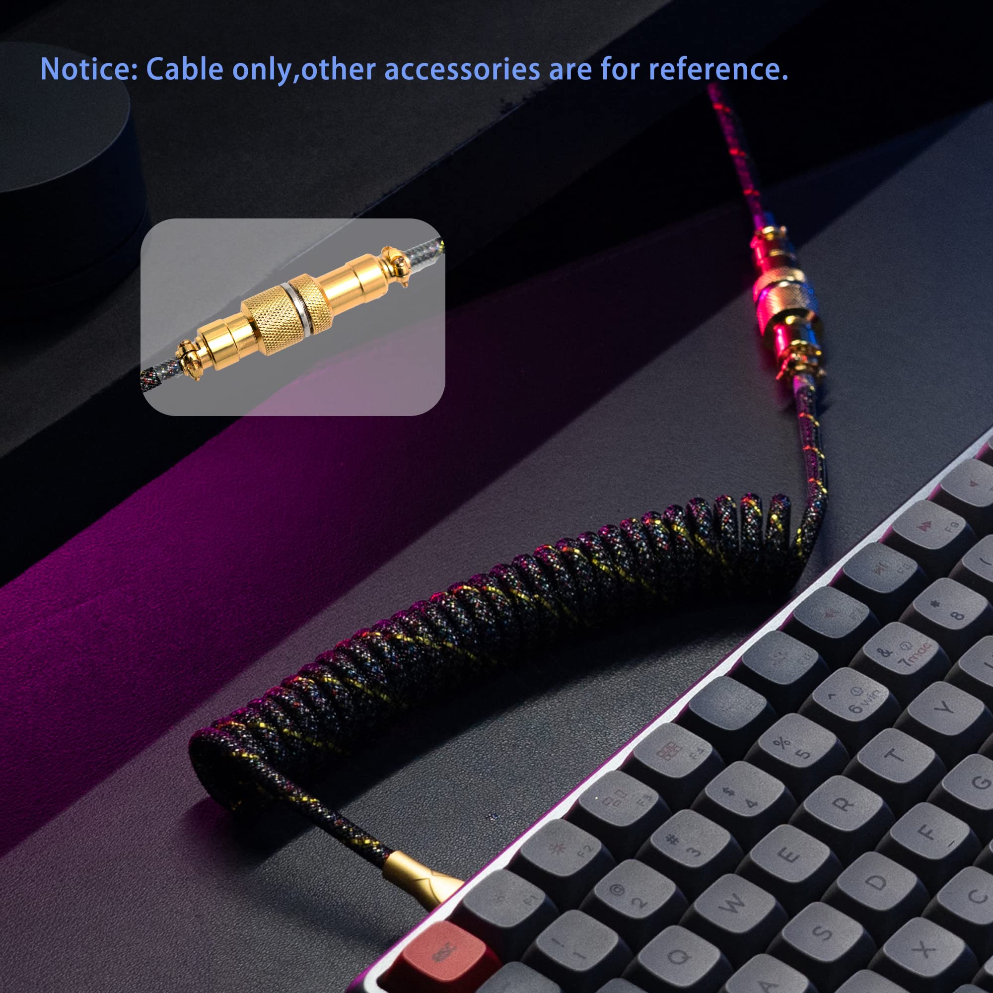 Formulamod USB C Coiled Keyboard Cable for Mechanical Keyboard,Coiled USB Aviator Cable for Keyboard, Pro Double Sleeved Cable with Organizer Zipper Bag. (Gold & Black)