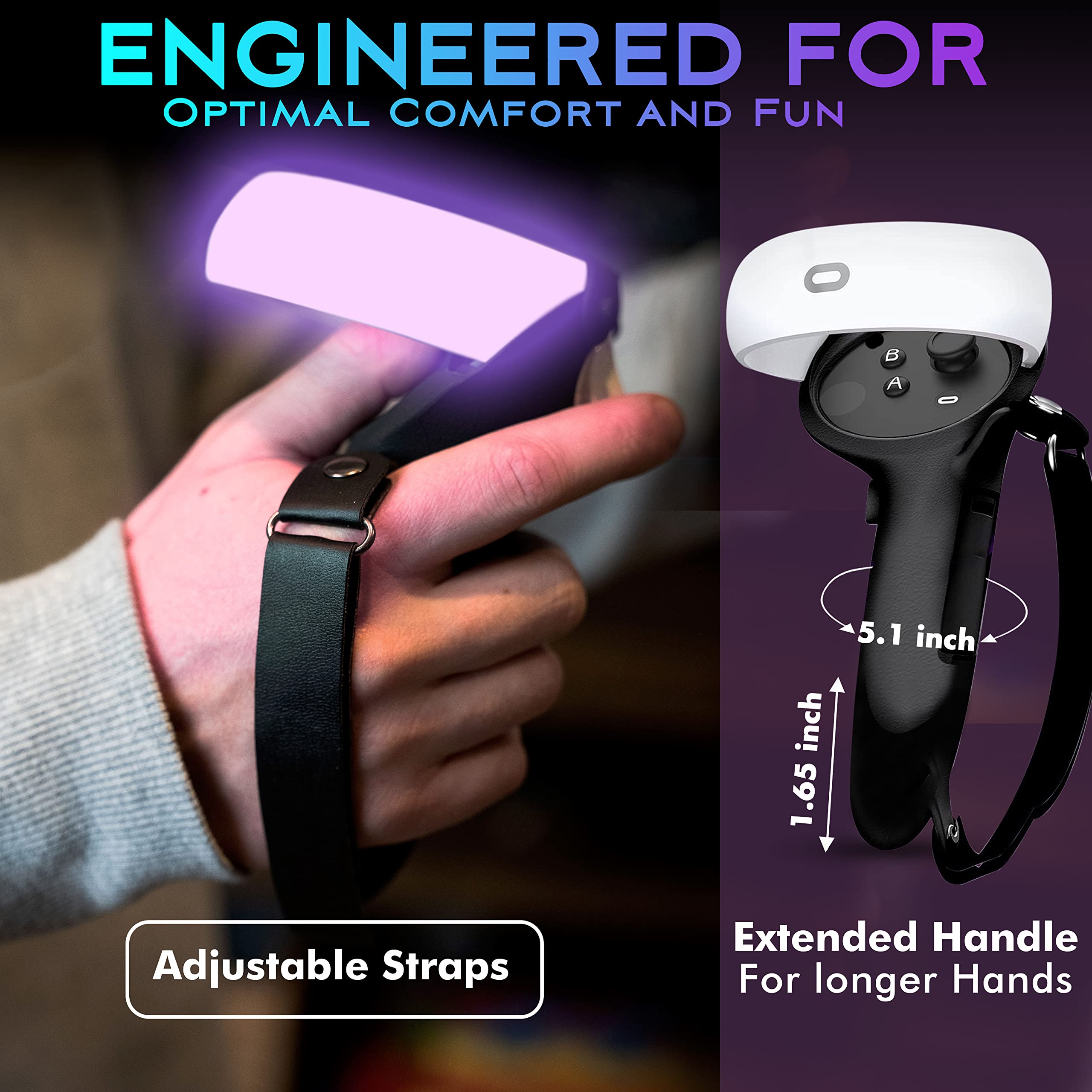 VirtualBuff Controller Grips Compatible with Oculus Quest 2, Extended Handle for Larger Hands, Easy Battery Replacement, VR Accessories with Silicone Cover and Leather Adjustable Hand Knuckle Straps