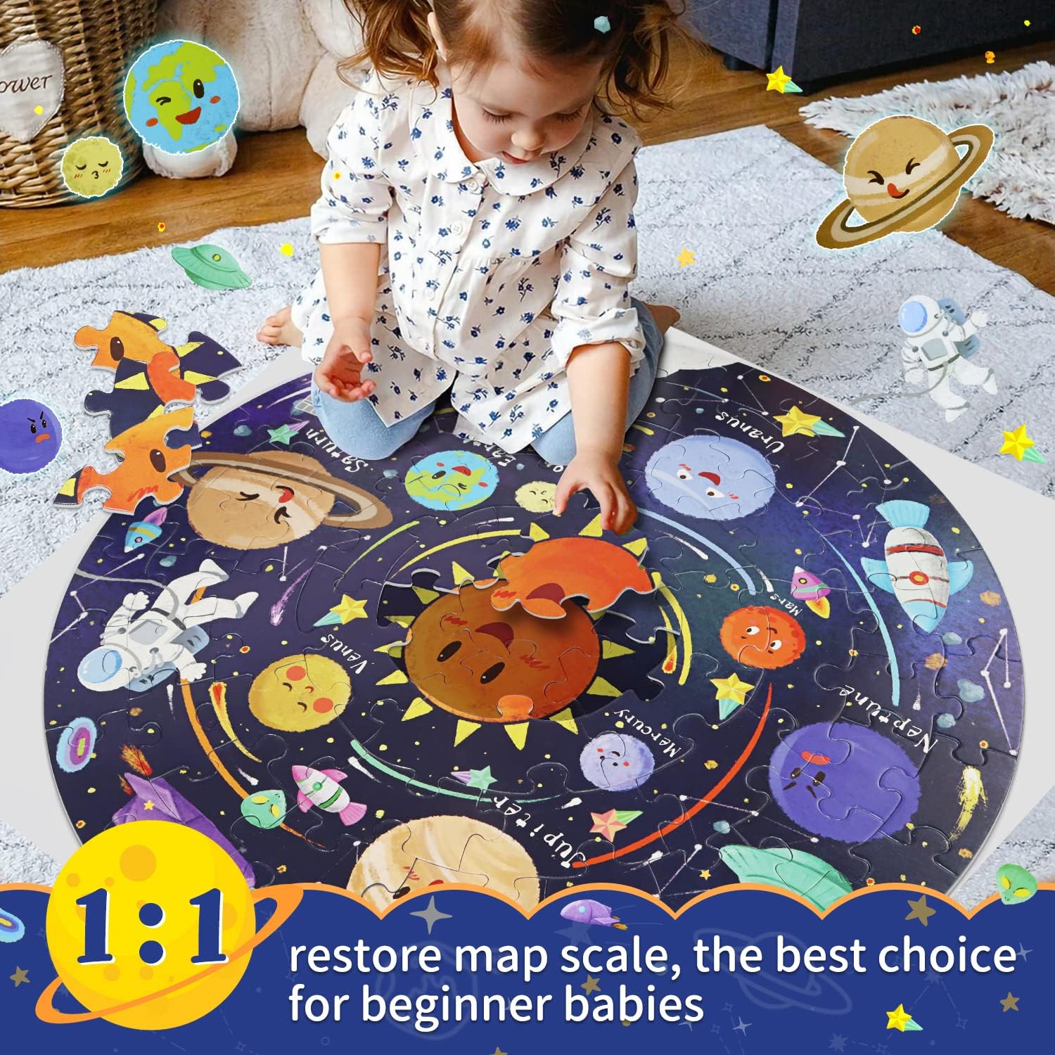 DIGOBAY Solar System Puzzles for Kids Ages 4-8, 70 Piece Floor Puzzles Large Round Space Planets Astronaut Jigsaw Puzzle Toys Birthday for Toddlers Boys Girls Children