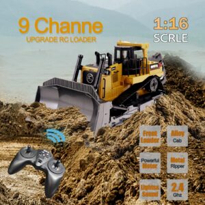 bnam Remote Control Bulldozer RC 1/16 Full Functional Construction Vehicle, 2.4Ghz 9 Channel Dozer Front Loader Toy with Light and Sound for Kids Age 6, 7, 8, 9, 10 and Up Years Old