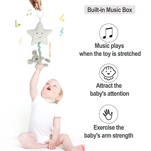 Blublu Park Baby Hanging Musical Toy with Music Box, Baby Lullaby Pull Musical Sensory Toys for Babies Boys and Girls, Clip On Baby Pram Pushchair Cribs Strollers Car Seats Toys, Star