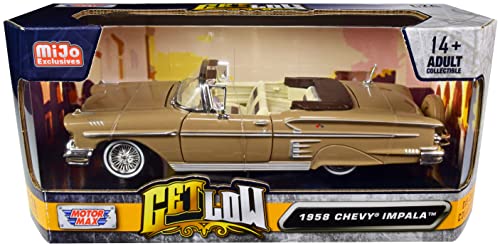 Toy Cars 1958 Chevy Impala Convertible Lowrider Light Brown with Cream Interior Get Low Series 1/24 Diecast Model Car by Motormax 79025