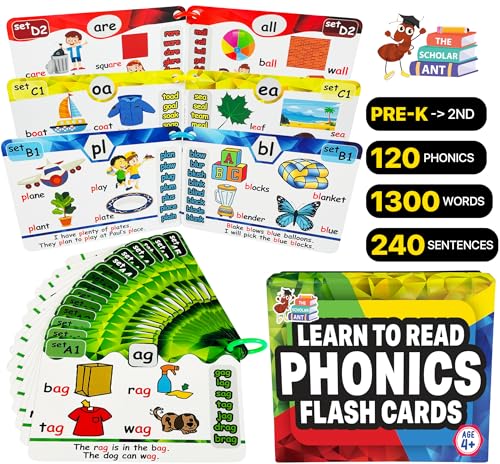 Phonics Flash Cards - Learn to Read in 20 Phonic Stages - Digraphs CVC Blends Long Vowel Sounds - Phonics Games for Kids Ages 4-8 Kindergarten First Second Grade Homeschool Educational