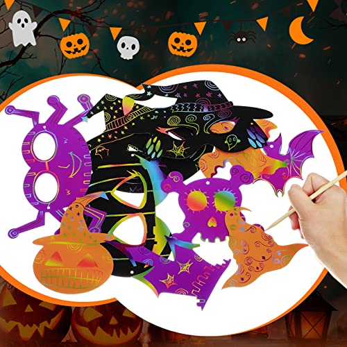 Kasyat 60 Pieces Thanksgiving Scratch Paper Art Set, Fall Scratch Craft Art Colorful Fall Leaves with 60 Pcs Colored Ribbons 10 Pcs Sticks for Kids Autumn DIY Supplies (Horrible Style)