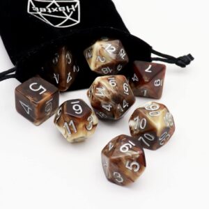 Haxtec Coffee DND Dice Set 8PCS Filled Resin Dice Set D&D Polyhedral Dice for RPG Dungeons and Dragons TTRPG Gift