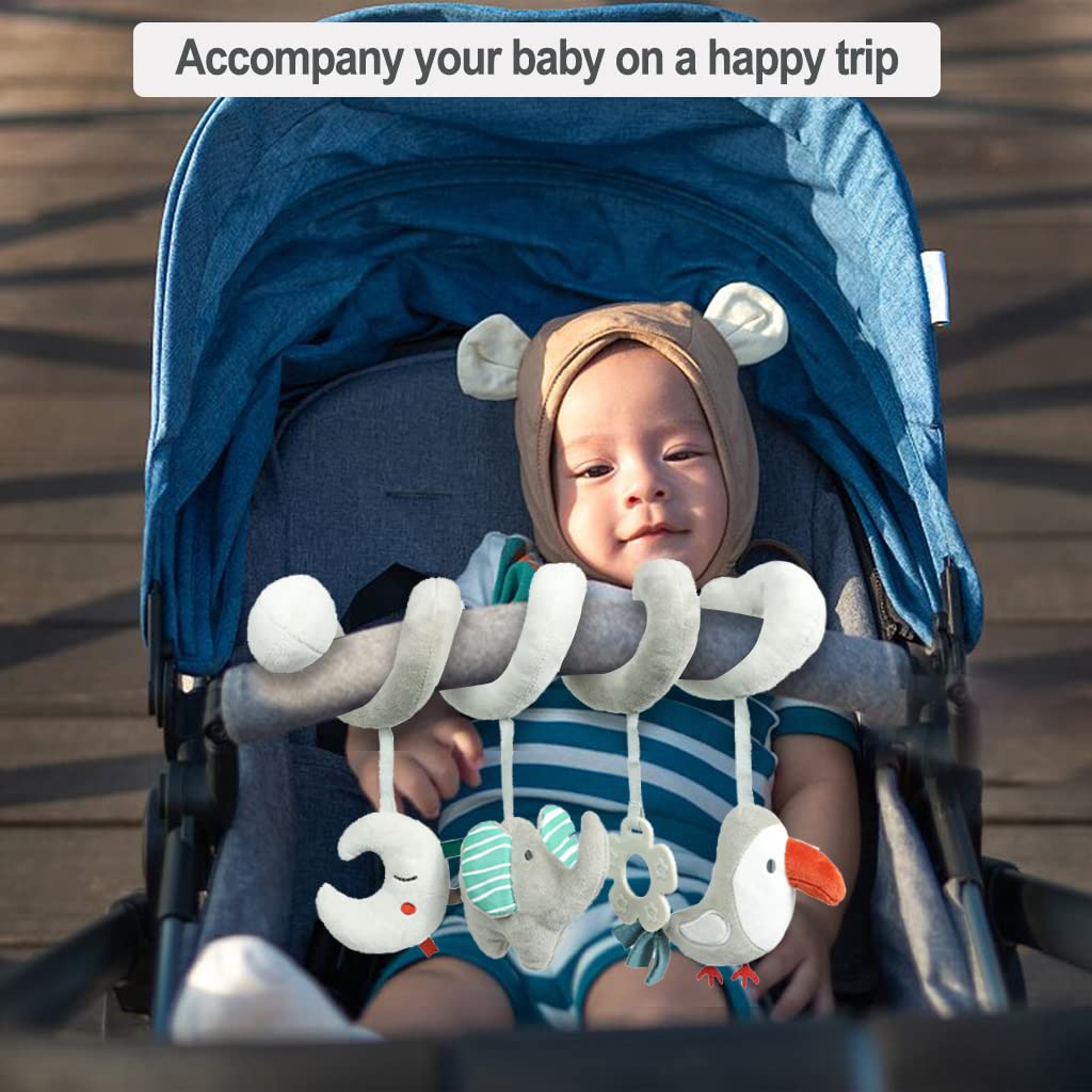 Blublu Park Baby Car Seat Toys, Activity Spiral Plush Hanging Wrap Around Pram Pushchair Stroller Toys, Sensory Early Education Toy for Toddler, Grey Elephant