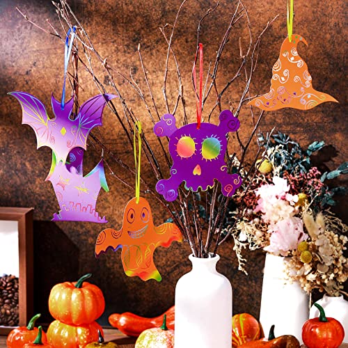 Kasyat 60 Pieces Thanksgiving Scratch Paper Art Set, Fall Scratch Craft Art Colorful Fall Leaves with 60 Pcs Colored Ribbons 10 Pcs Sticks for Kids Autumn DIY Supplies (Horrible Style)