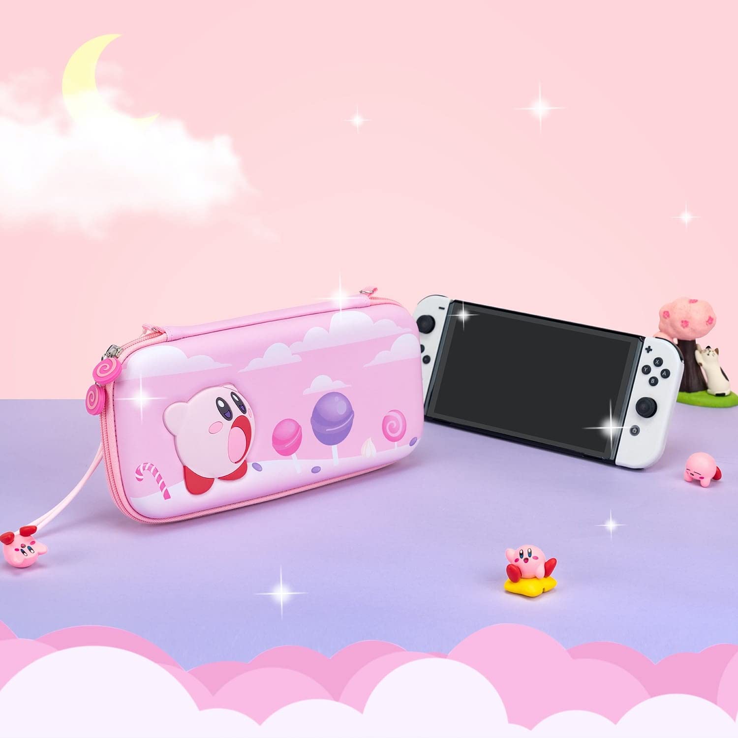 BelugaDesign Pink Puff Ball Case | Cute Kawaii Anime Smash Pink Carry Travel | Shoulder Wrist Straps Accessory Set Stores 9 Game Cards | Compatible with Nintendo Switch Standard Lite OLED (Case Only)