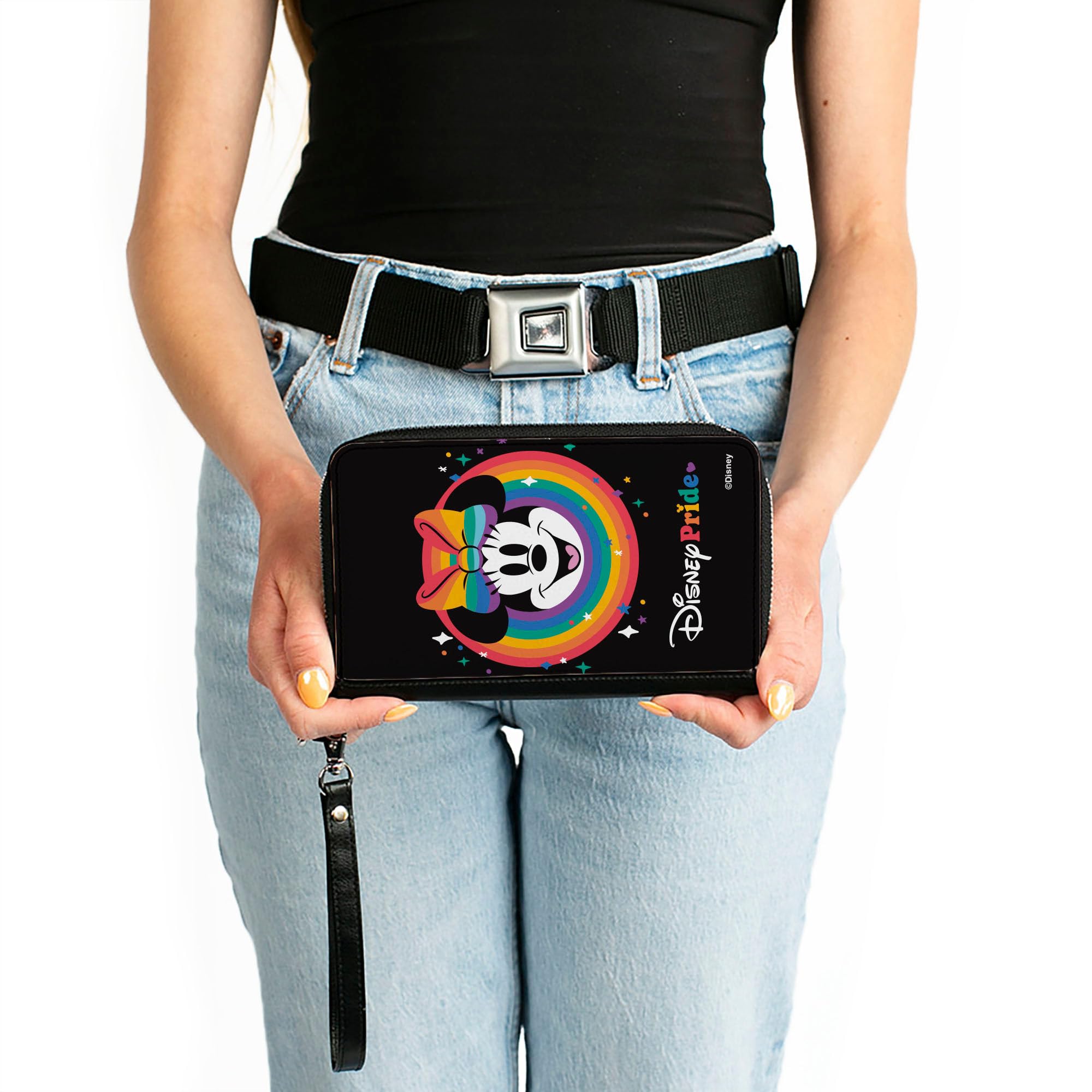 Buckle-Down Disney Wallet, Zip Around, Minnie Mouse Disney Pride Smiling Face Rainbow, Vegan Leather