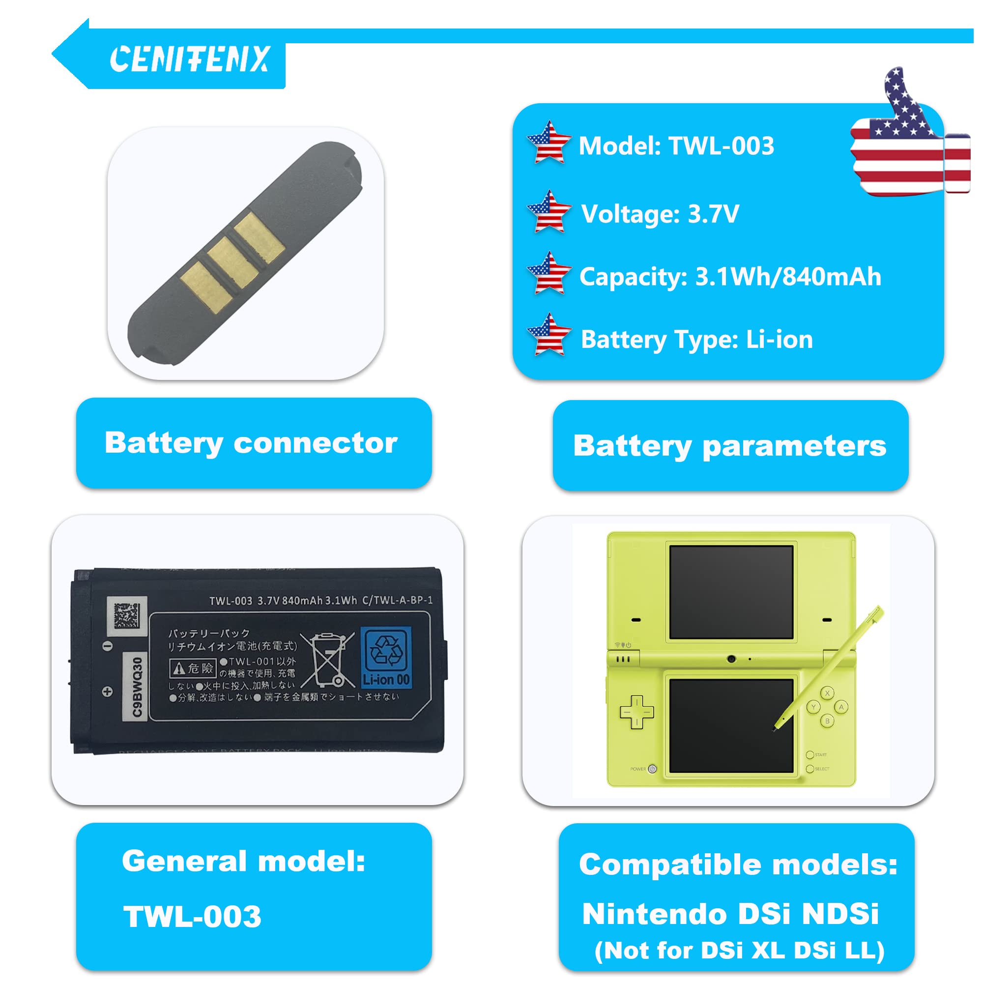 CENIFENX DSi Battery, TWL-003 3.7V 840mAh Replacement for Nintendo DSi, NDSi Game Player Battery, with Repair Tool Kit (Not for Nintendo DSi XL DSi LL DS Lite)