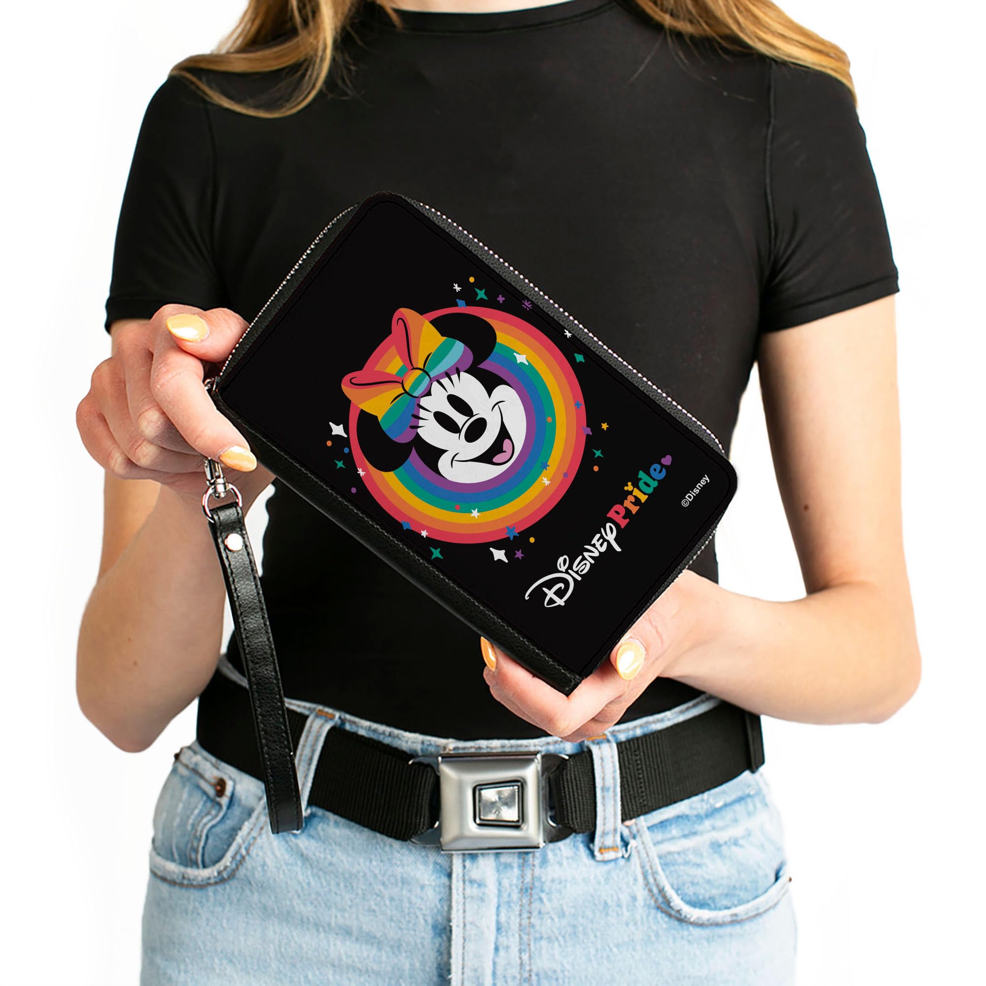 Buckle-Down Disney Wallet, Zip Around, Minnie Mouse Disney Pride Smiling Face Rainbow, Vegan Leather