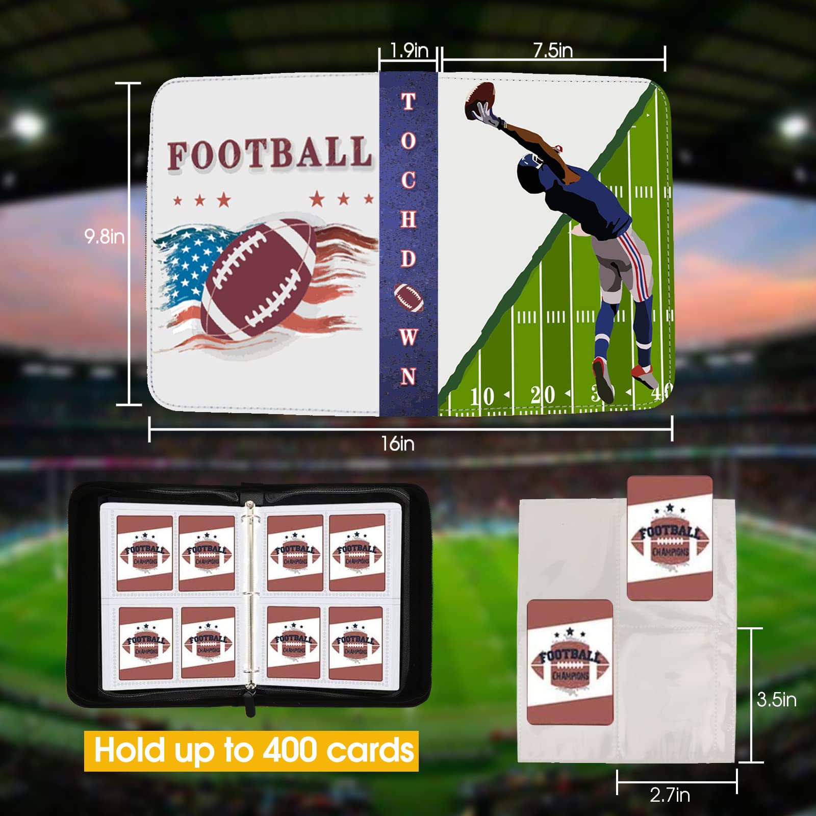 Football Card Binder with Sleeves, 400 Pocket Football Card Holder for Trading Cards Sports Cards Folder Football Collector Album 3-Ring Binder Book Storage Case for Boys and Girls Kids Gift