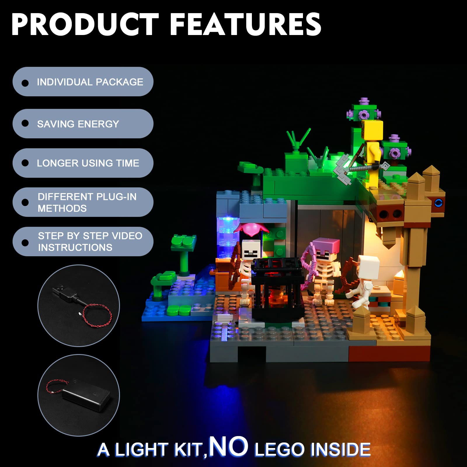 BrickBling Light Kit Compatible with Lego Minecraft The Skeleton Dungeon 21189, Minecraft Dungeon LED Lighting Compatible with Lego 21189 (No Model, Only Lights)