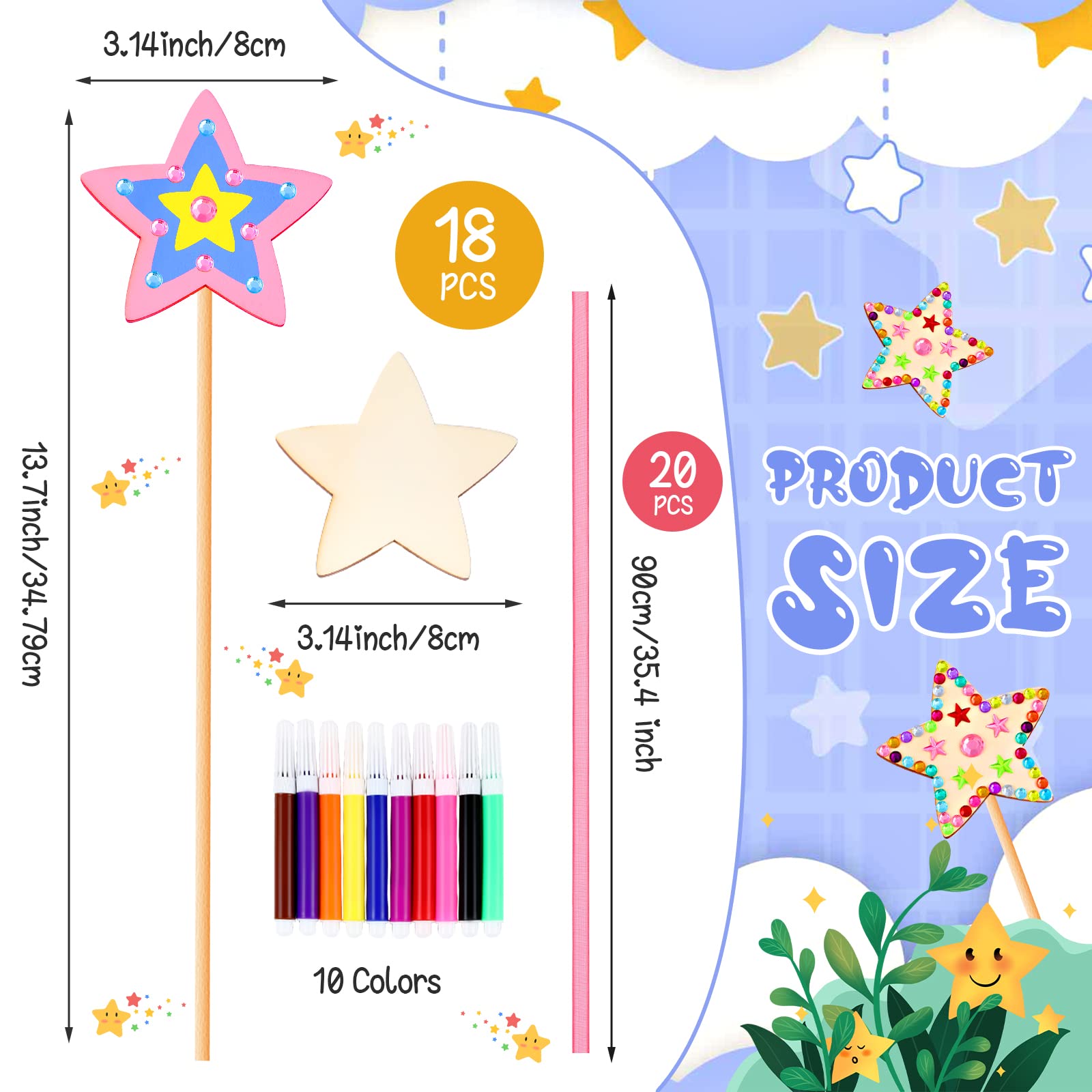 57 Pcs Star Princess Fairy Wands Kit Make Your Own Princess Wand DIY Art Craft Magical Wand Include 18 Star Wooden Fairy Wands 9 Gem Stickers 20 Ribbons 10 Markers Party Supply